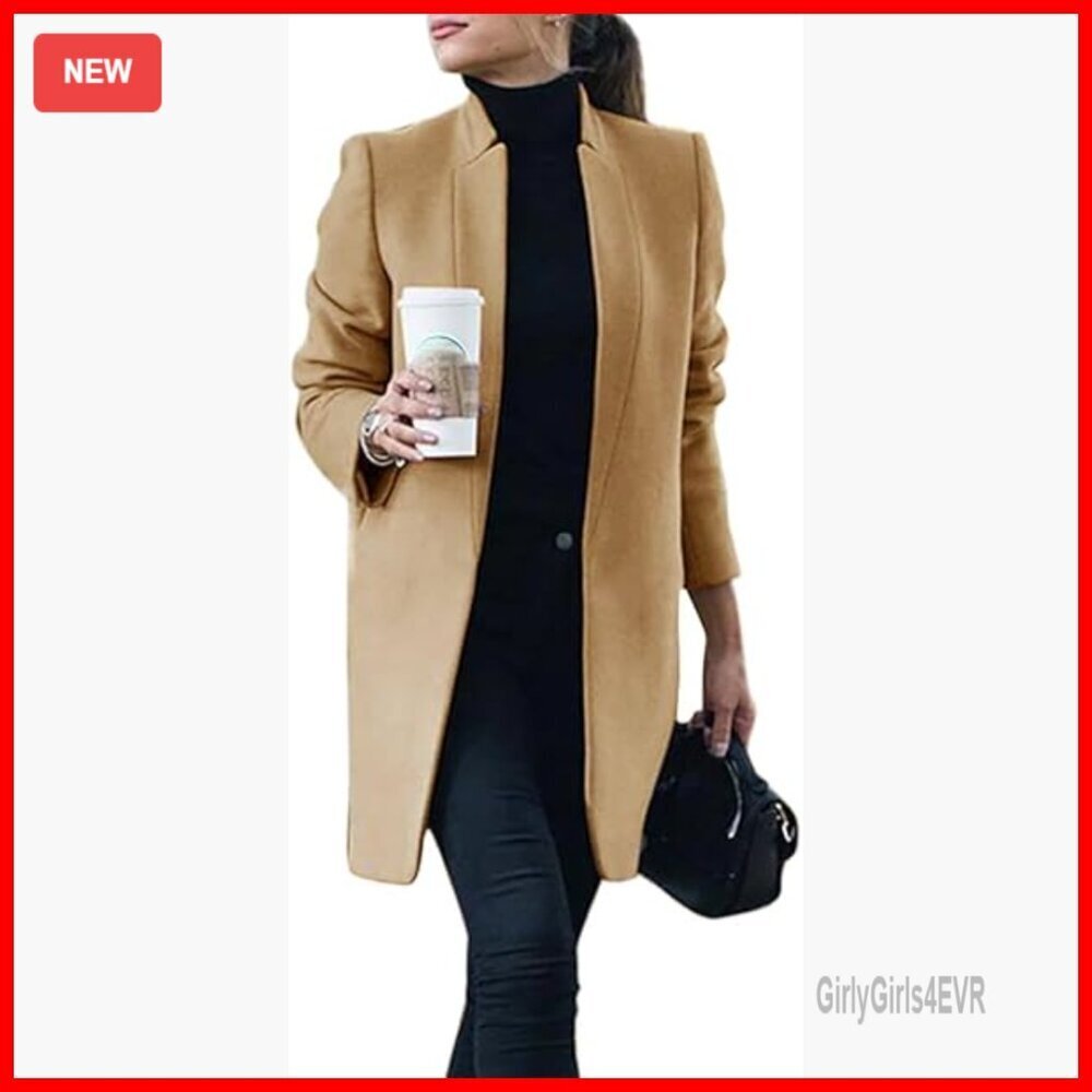 Wool Pea Coat Long Blazer Jacket with Pockets Fall Winter